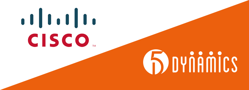 Cisco brought in 5 Dynamics "to speed up the process and get to functional outcomes faster." Graphic of Cisco's logo and 5 Dynamics' logo