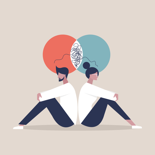 Reframe Your Relationships Two people sitting down with their backs to one another with a venn diagram representing conflict above their heads