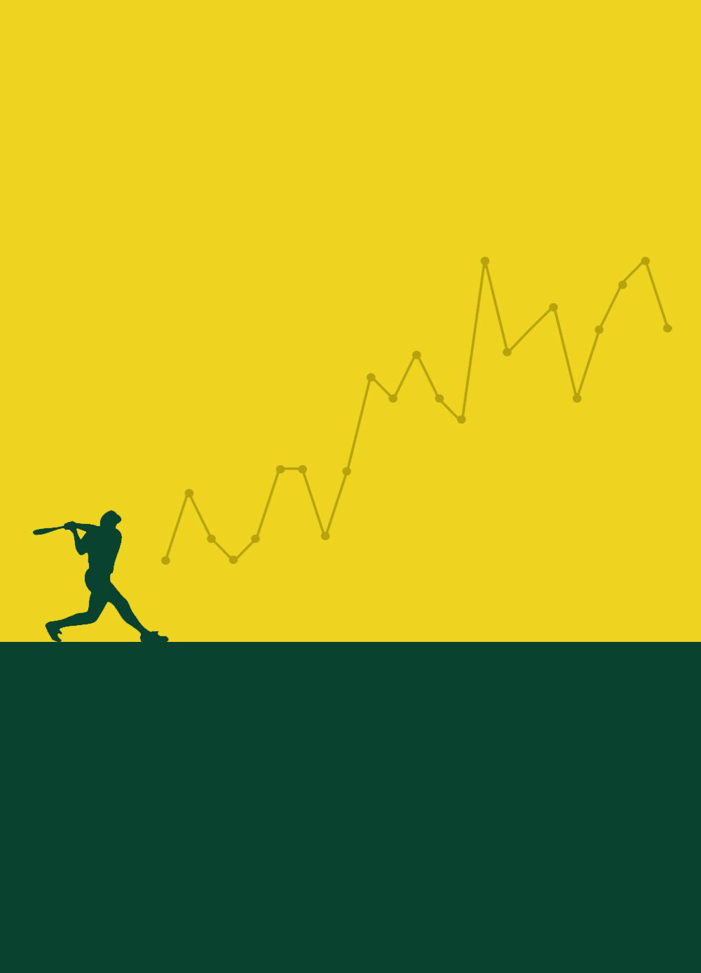 Graphic of a baseball player hitting a ball with a trajectory shape that looks like a line chart moving up- and to-the-right.
